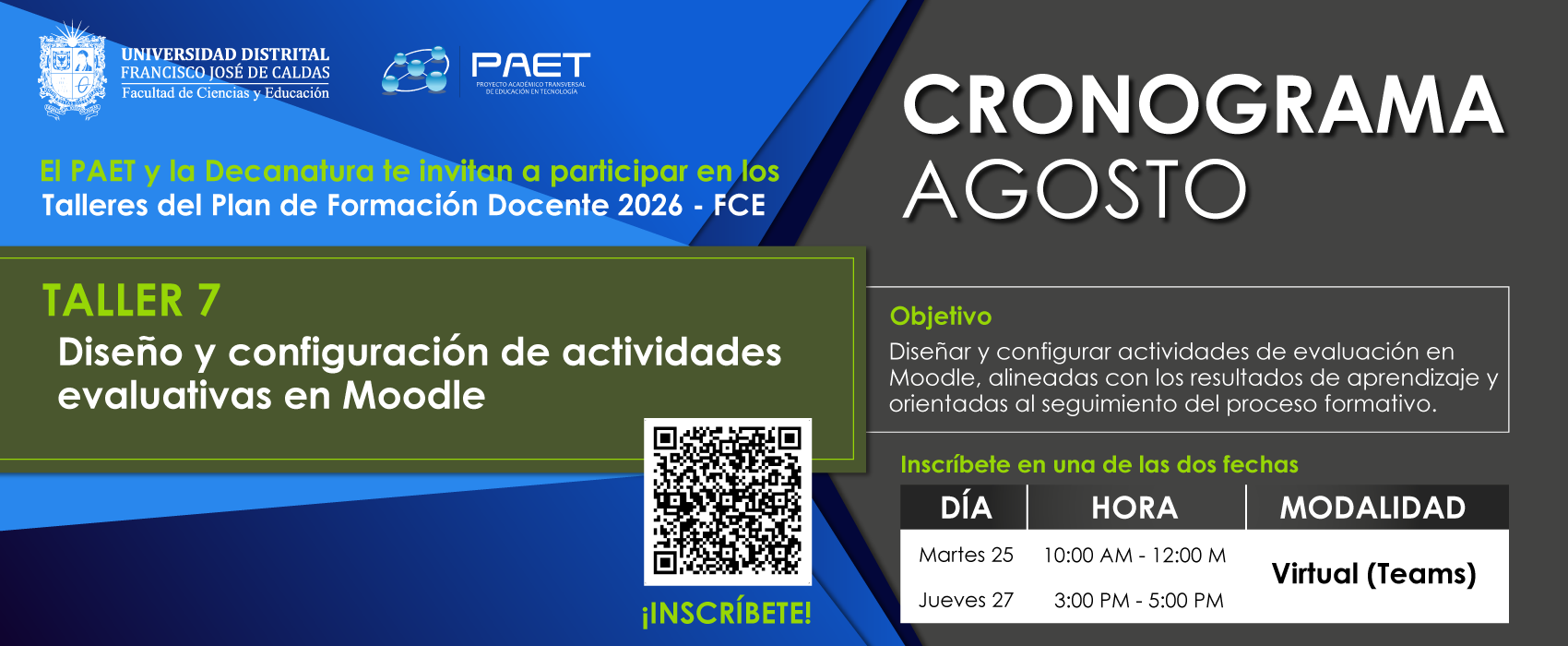 ¡Profe, lleva tus clases virtuales al siguiente nivel! 🦾 Te invitamos a participar en nuestro Taller #7: "Diseño y configuración de actividades evaluativas en Moodle" 