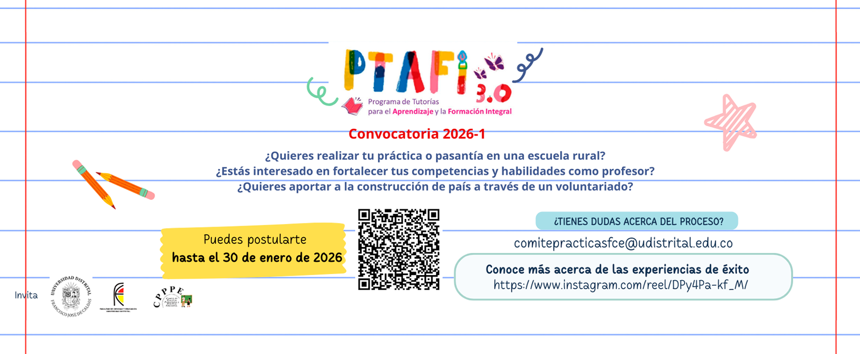 Convocatoria a practicantes para participar en el programa de Tutorías para el aprendizaje y la formación integral – PTA/FI en el primer semestre del 2026