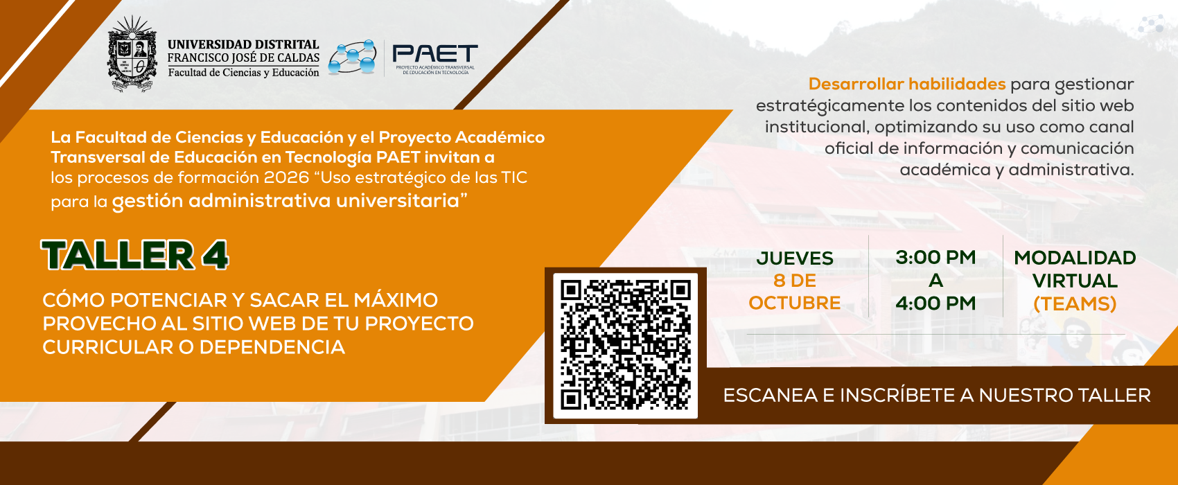 Continuamos con el cuarto taller para administrativos: "Cómo potenciar y sacar el máximo provecho al sitio web de tu proyecto curricular o dependencia"